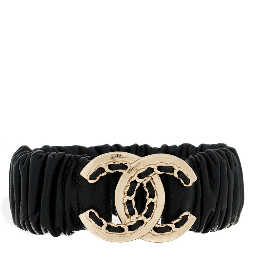 New Chanel lambskin CC logo chain wide band leather chunky scrunchie  bracelet